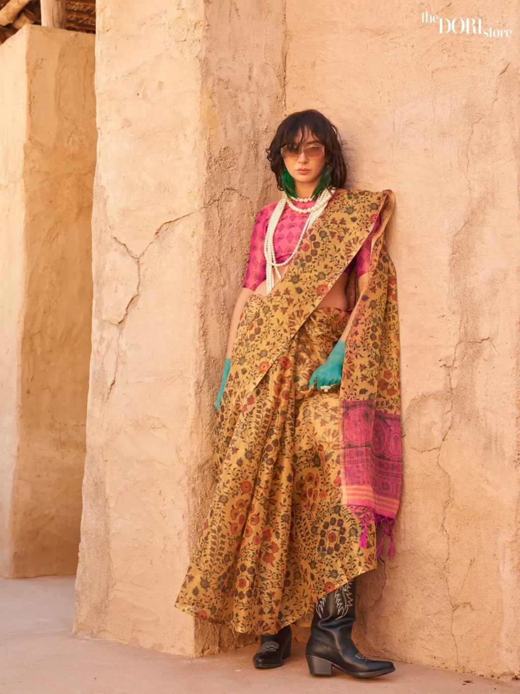 Mustard Yellow Printed Zari Tissue Woven Silk Saree - party wear saree