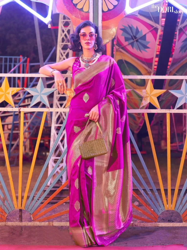 Bright Purple Banarasi Woven Silk Saree - party wear saree
