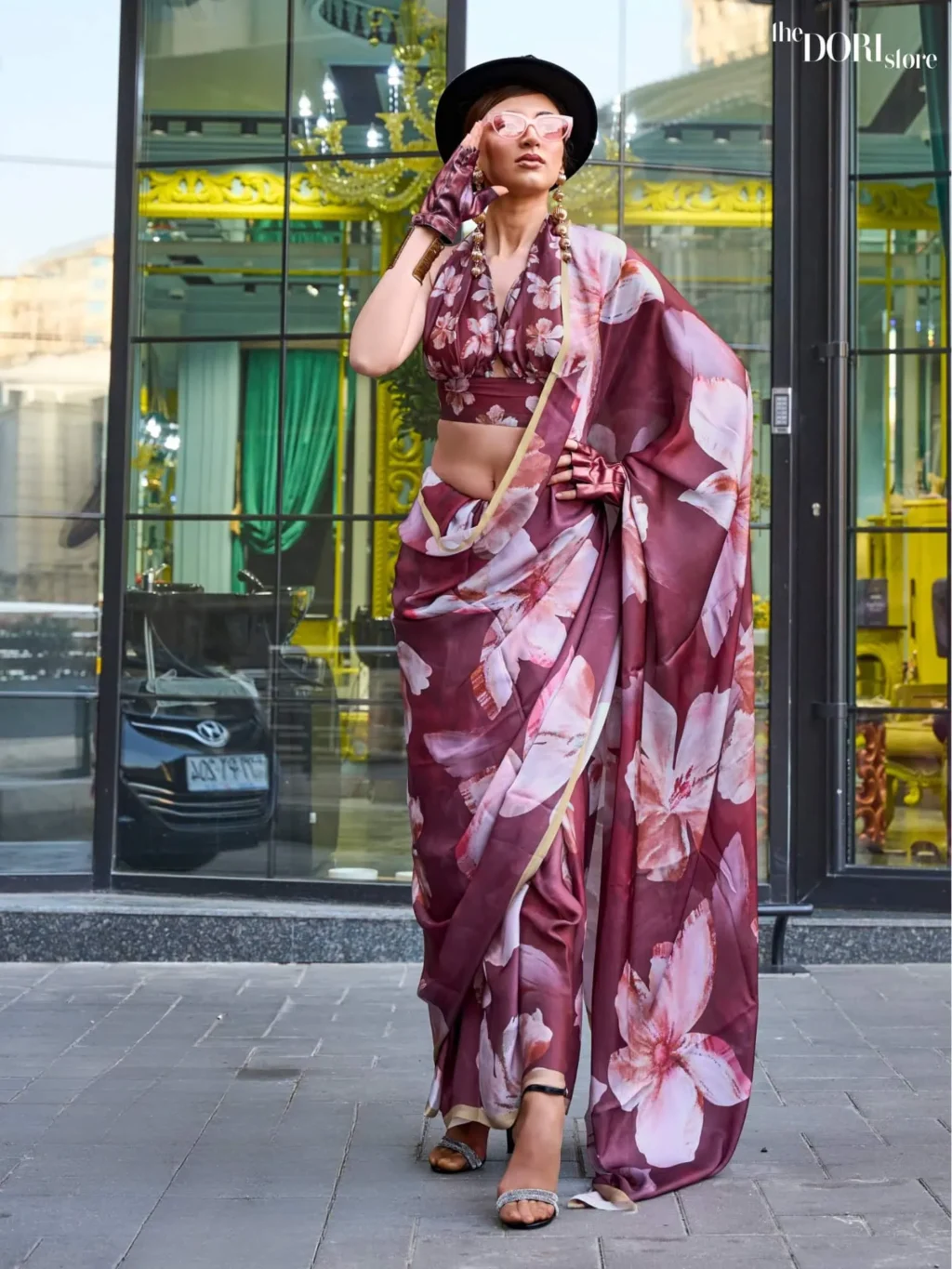 Rich Brown Printed Satin Georgette Silk Saree - party wear saree