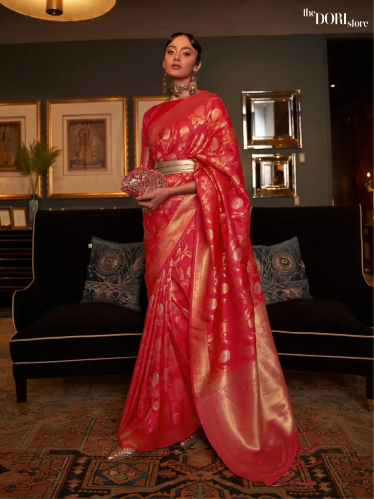 Partywear Red Banarasi Handloom Woven Silk Saree - party wear saree