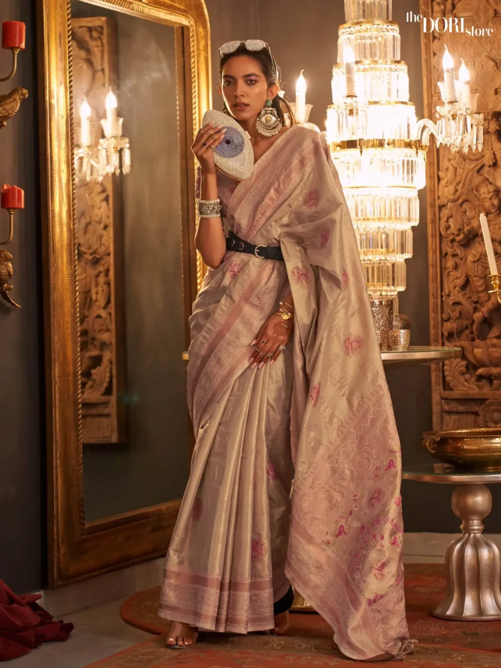 Beige Cream Zari Base Handloom Woven Silk Saree - party wear saree