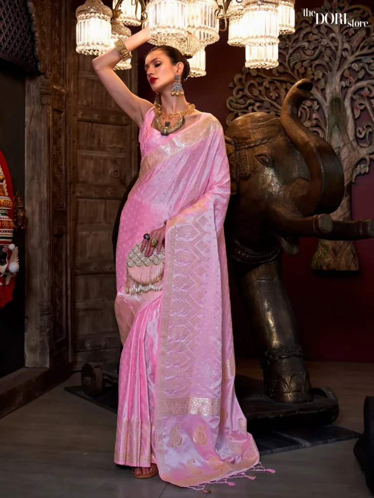 Light Pink Designer Pure Satin Silk Saree  - party wear saree