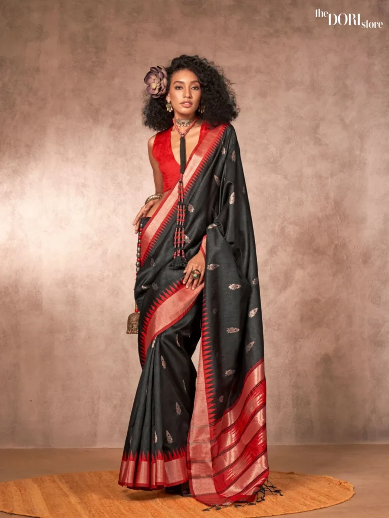 Jet Black Banarasi Silk Saree with Contrast Border  - party wear saree