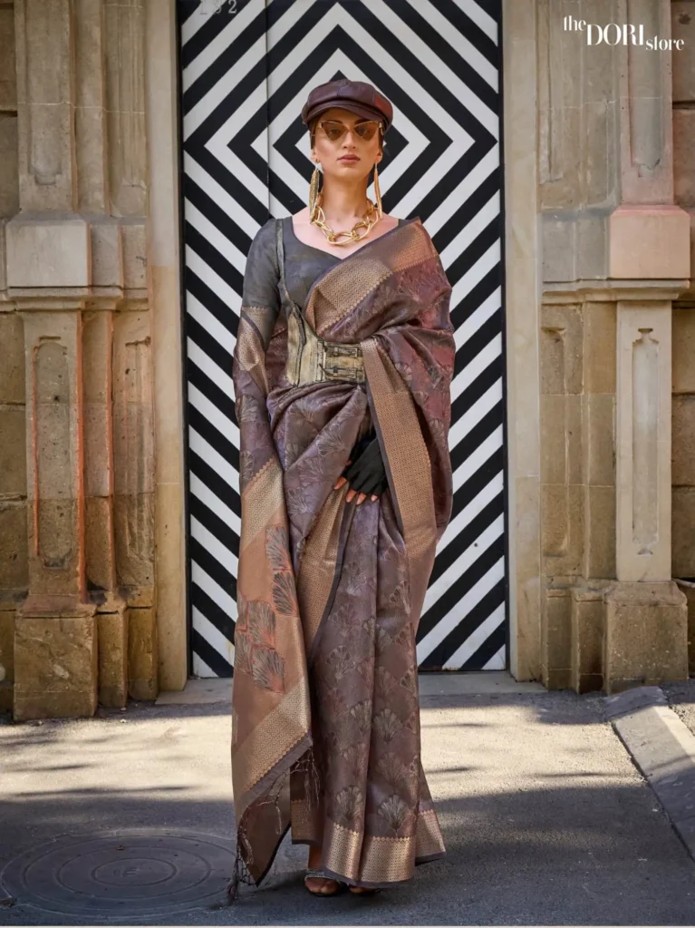 Fossil Grey Pure Dual Tone Organza Silk Saree - party wear saree