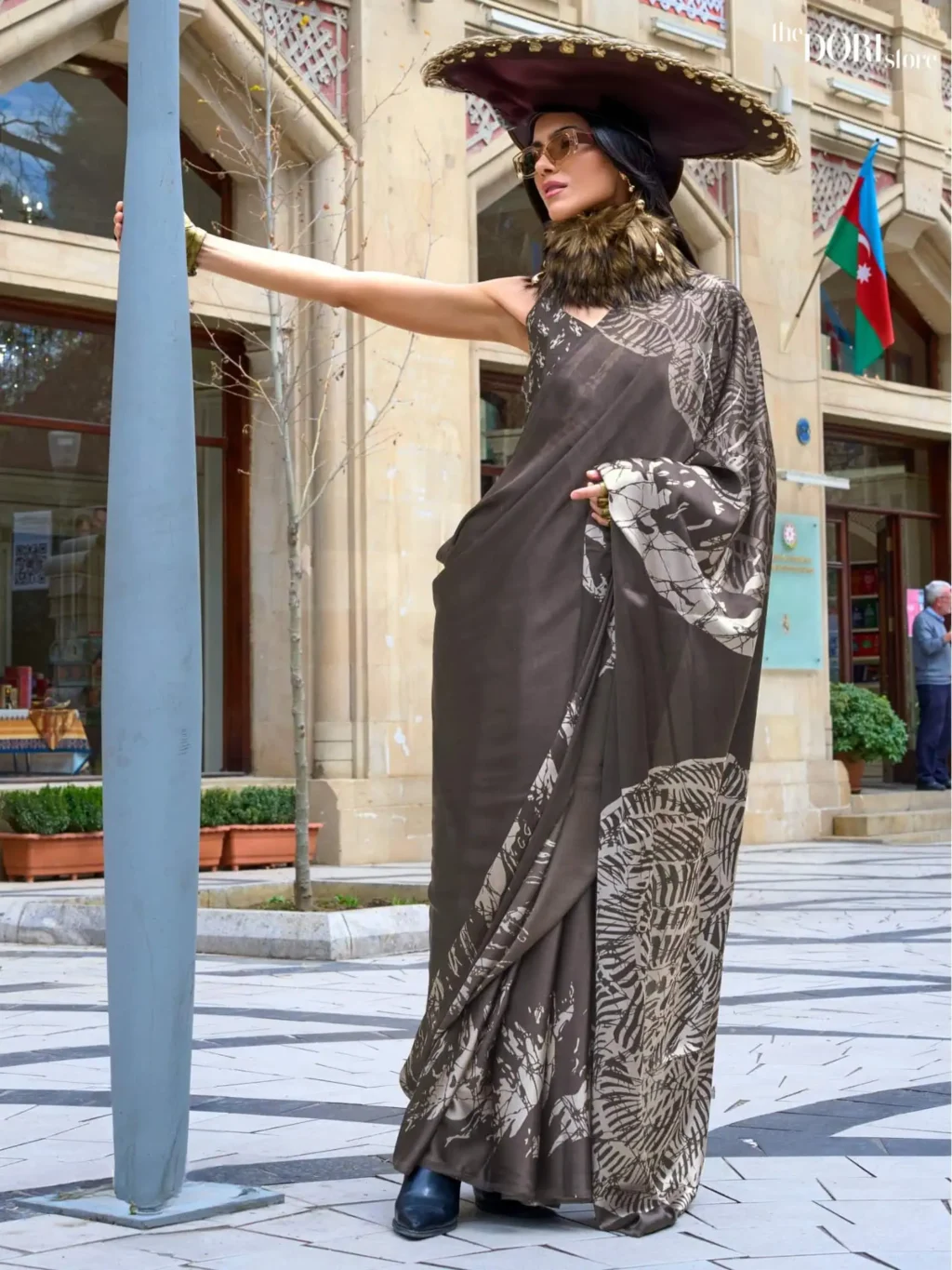 Charcoal Grey Satin Printed Crepe Silk Saree - party wear saree