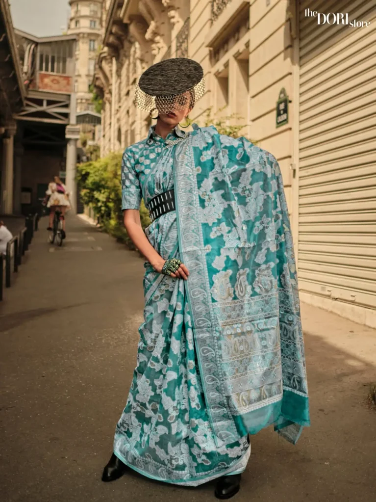 Teal Blue Organza Chickankari Lucknowi Woven Silk Saree - party wear saree