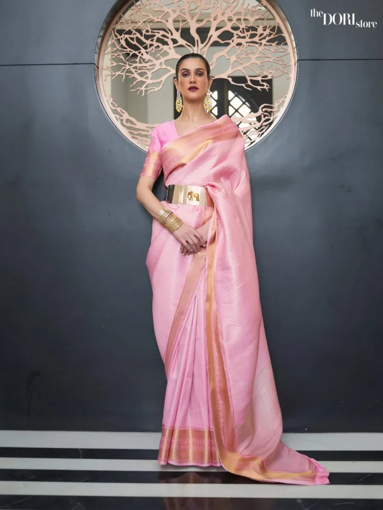 Blush Pink Kanjeevaram Handloom Woven Silk Saree - party wear saree