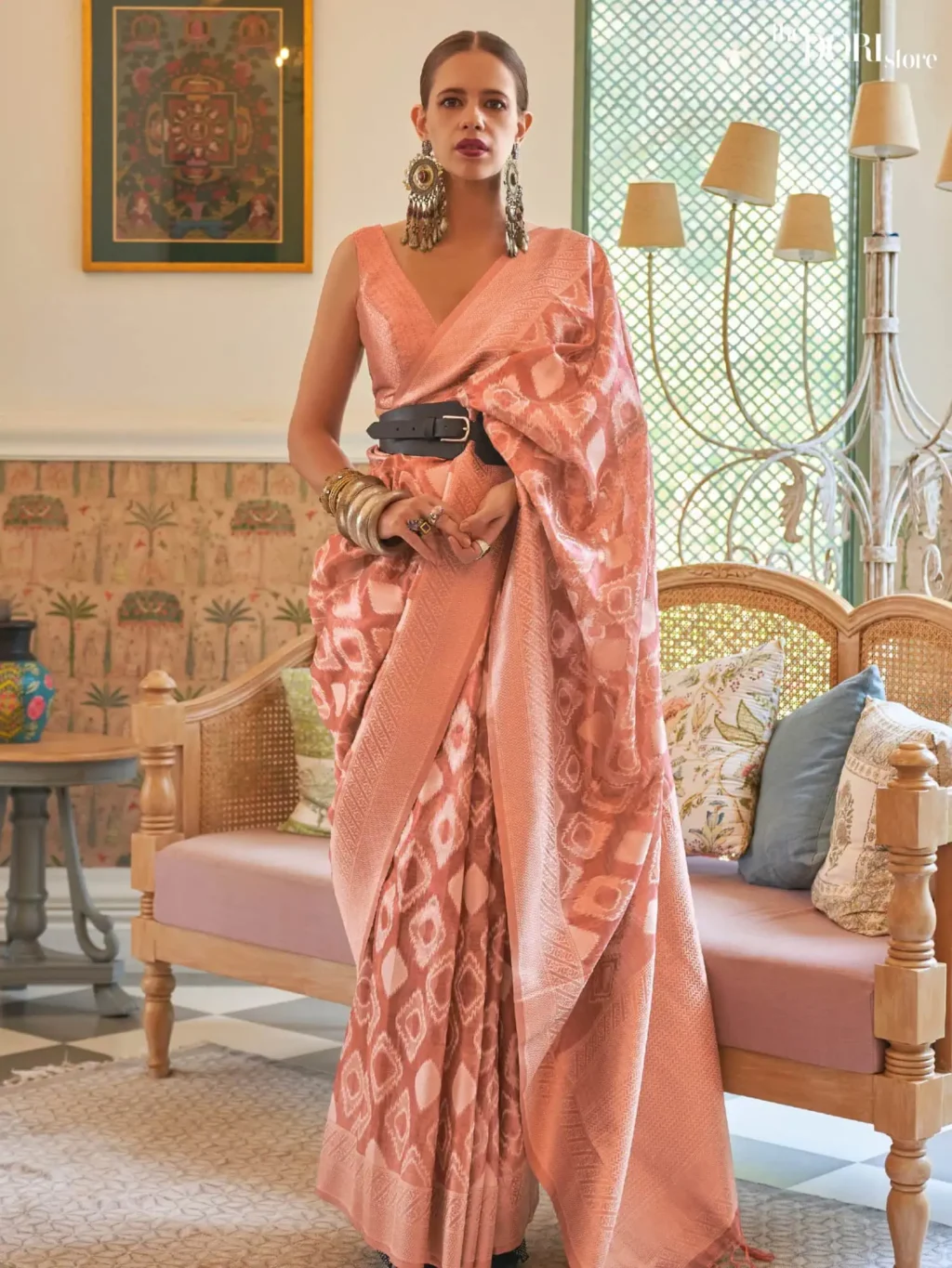 Festive Wear Peach Pink Tissue Woven Silk Saree - party wear saree