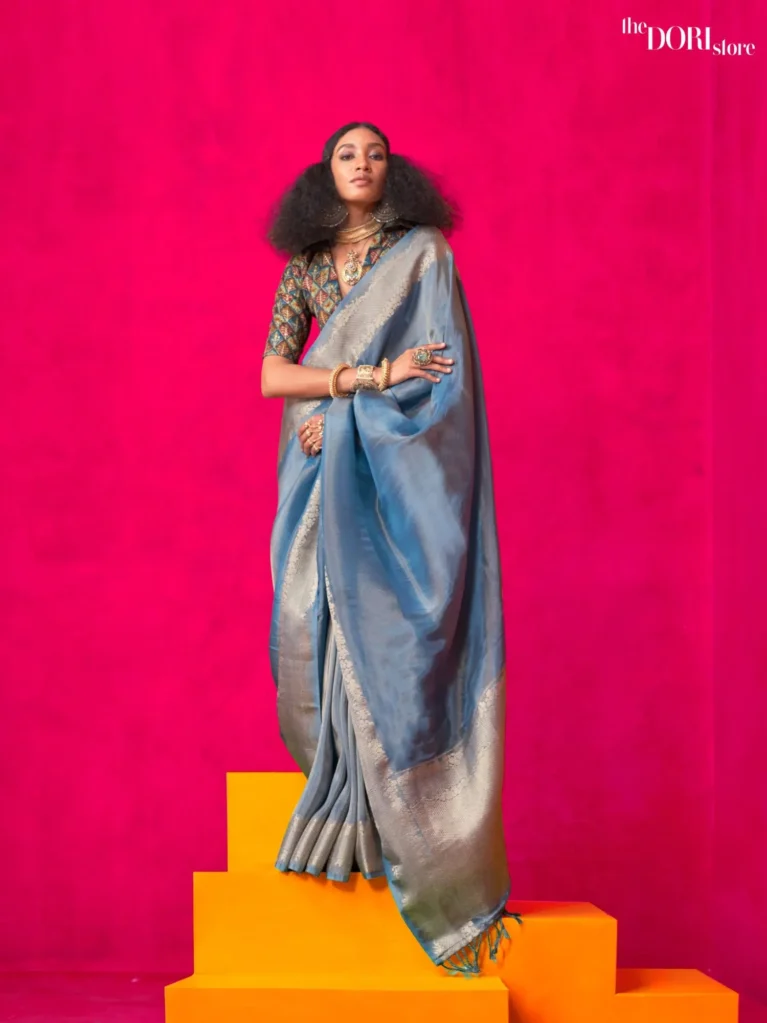 Azure Blue Viscose Zari Handloom Silk Woven Saree - party wear saree