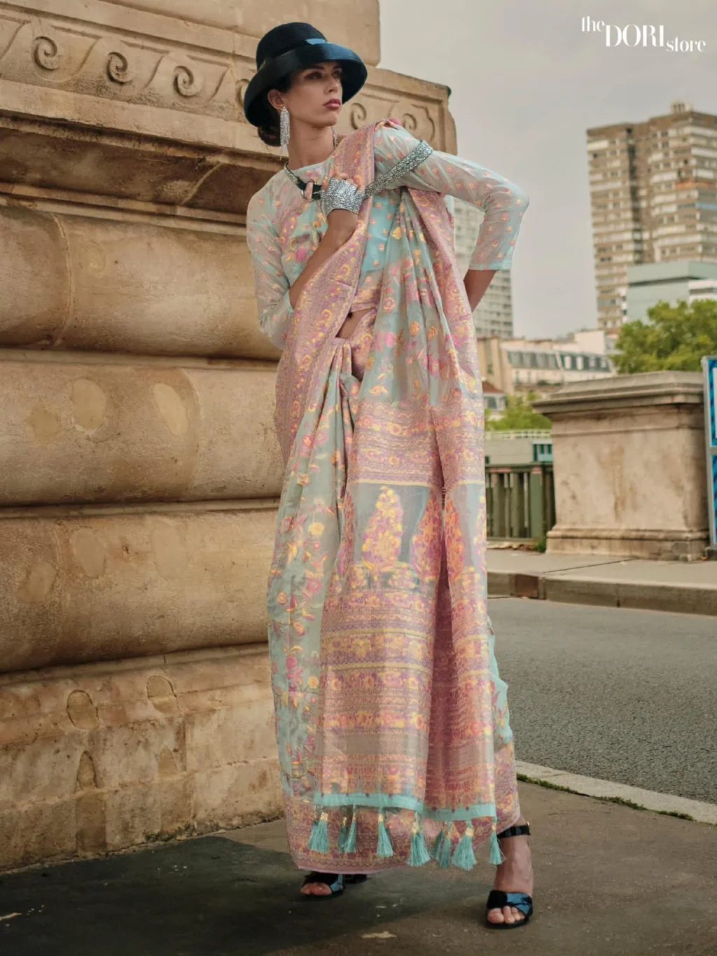 Peach and Light Blue Kashmiri Woven Organza Silk Saree - party wear saree