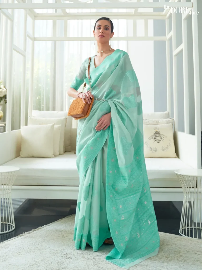 Beautiful Turquoise Blue  Chickankari Lucknowi Woven Saree - party wear saree