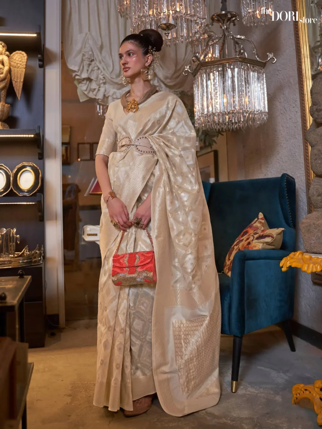 Beige Golden Pure Linen Designer Handloom Woven Saree - party wear saree