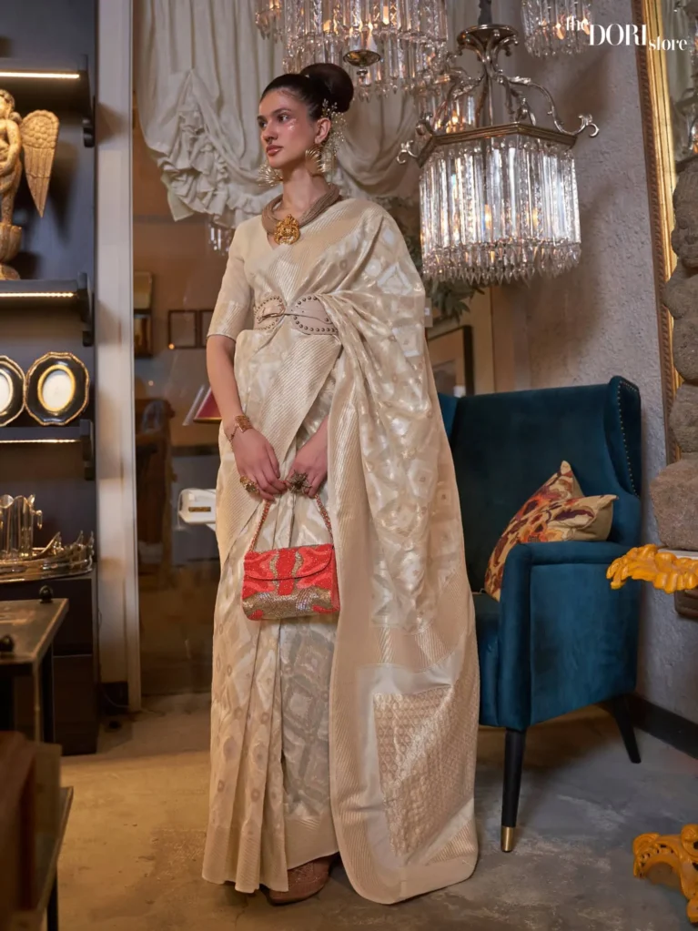 Beige Golden Pure Linen Designer Handloom Woven Saree - party wear saree