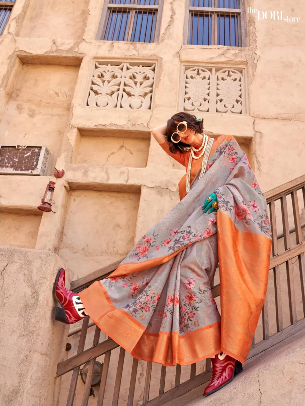 Orange and Grey Handloom Printed Georgette Silk Saree - party wear saree
