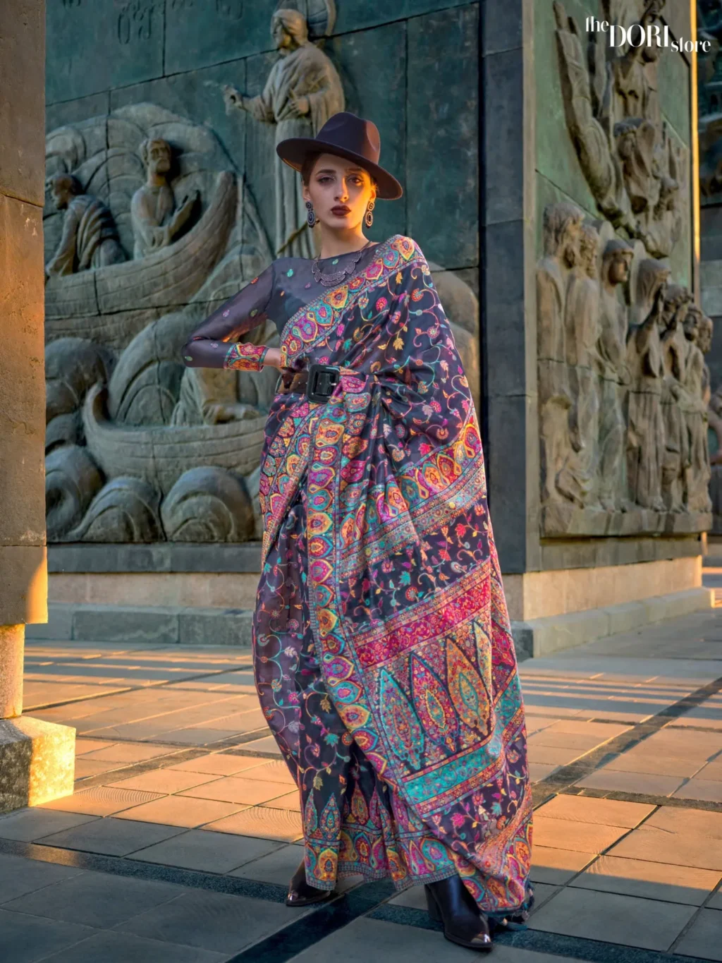 Fossil Grey Kashmiri Organza Soft Silk Saree - party wear saree
