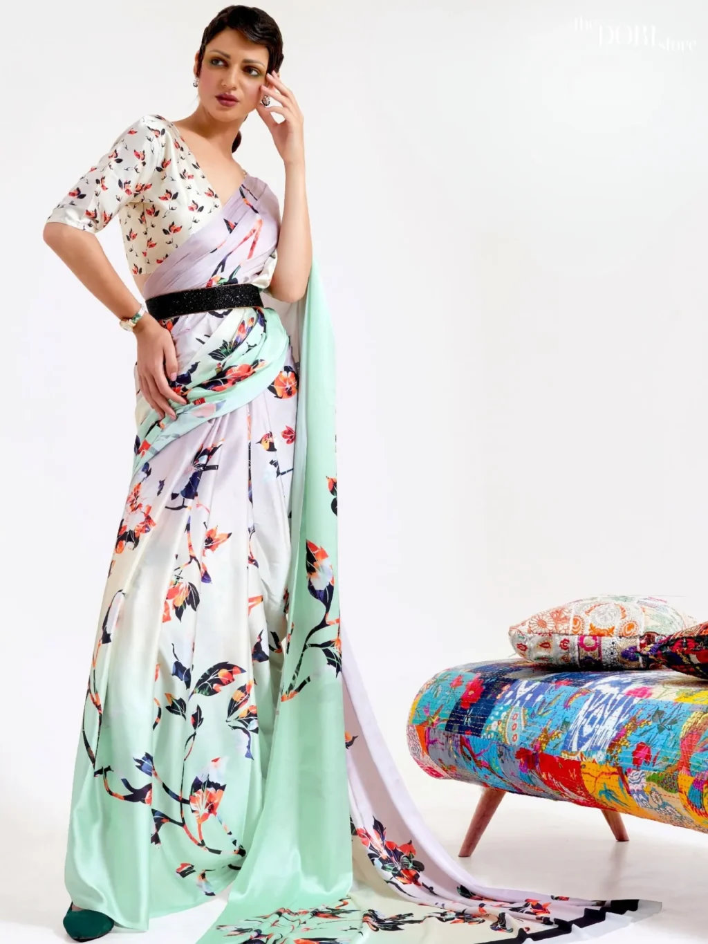 Greenish Off White Digital Printed Soft Crepe Silk Saree - party wear saree