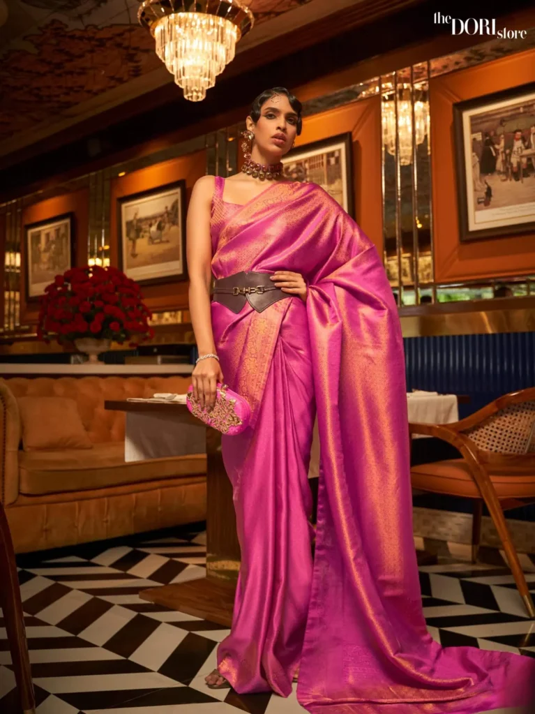 Ethnic Pink Dual Tone Kanjeevaram Silk Saree - party wear saree