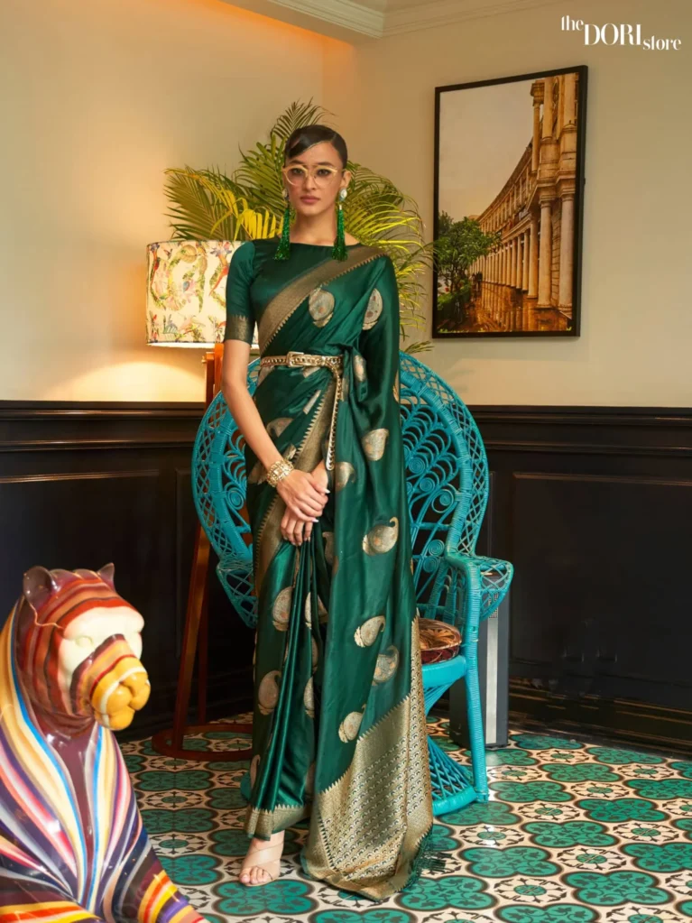 Royal Dark Green Woven Banarasi Satin Silk Saree - party wear saree