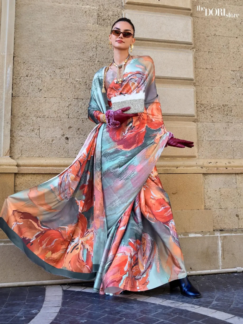 Orange and Blue Digital Print Satin Crepe Silk Saree - party wear saree