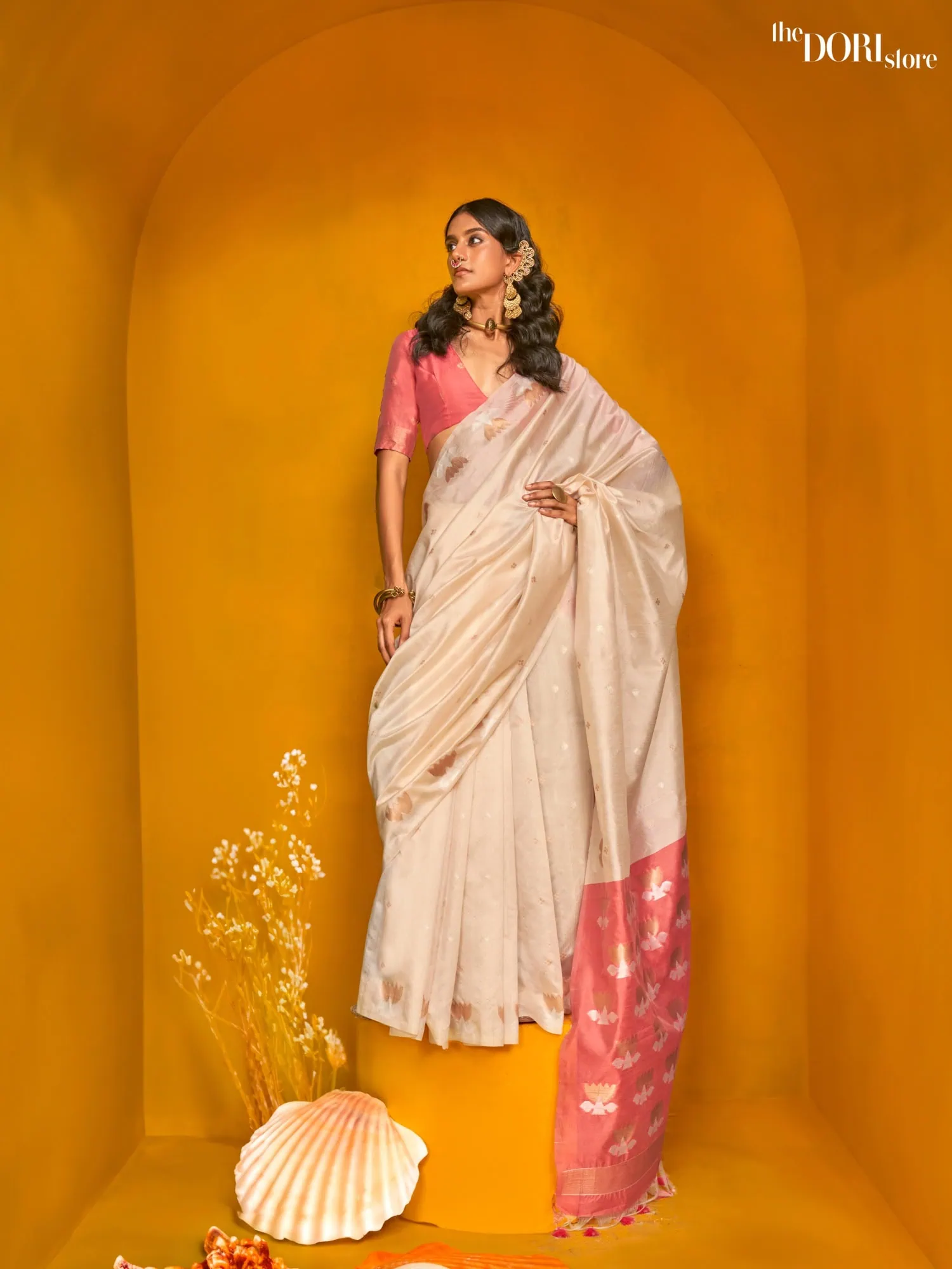 Off White Tussar Handloom Banarasi Silk Saree - party wear saree