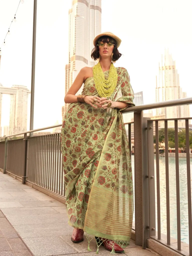 Mint Green Printed Soft Silk Woven Saree - party wear saree
