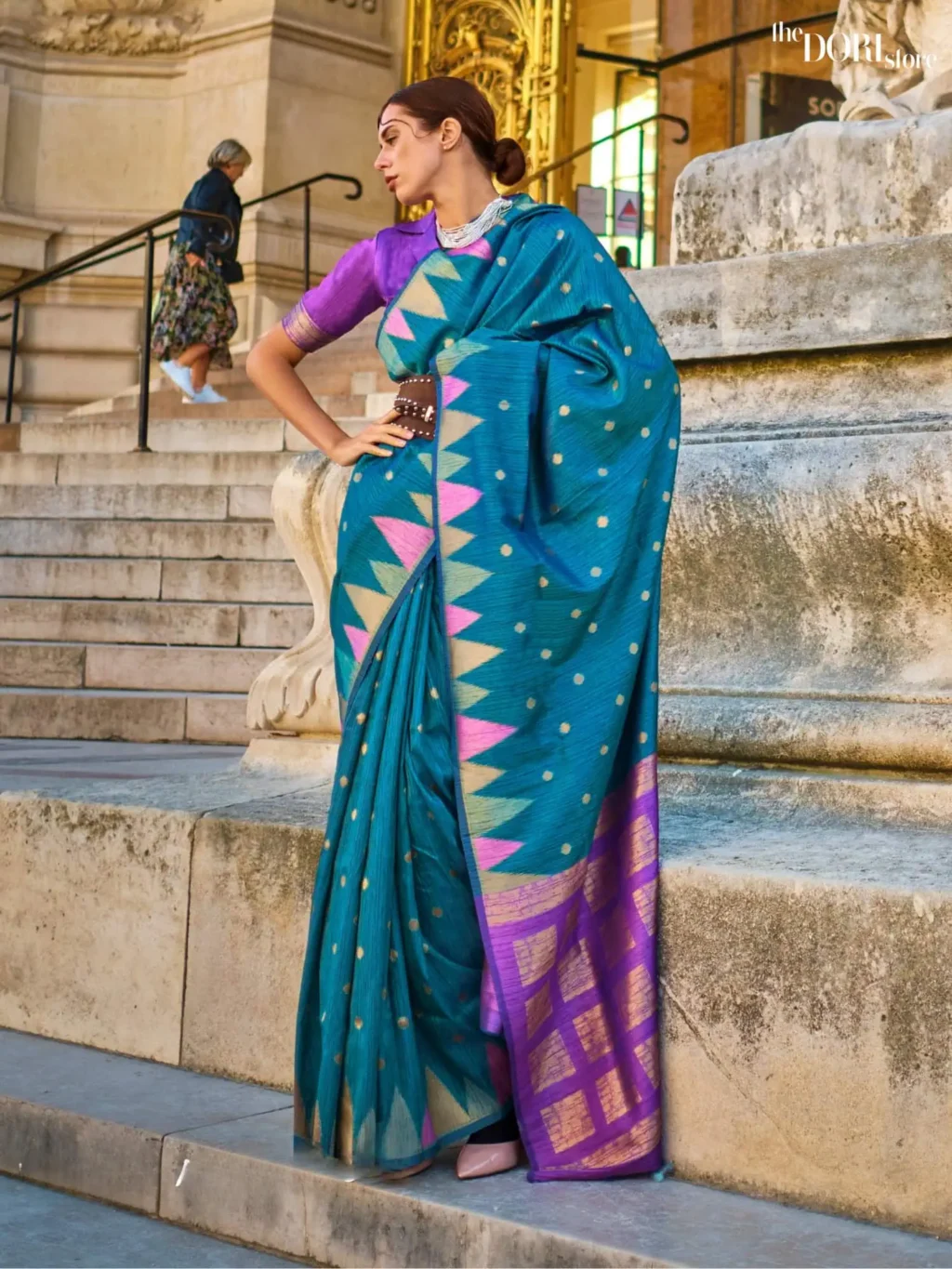 Teal Blue Handloom Khadi Silk Saree with Contrast Blouse  - party wear saree