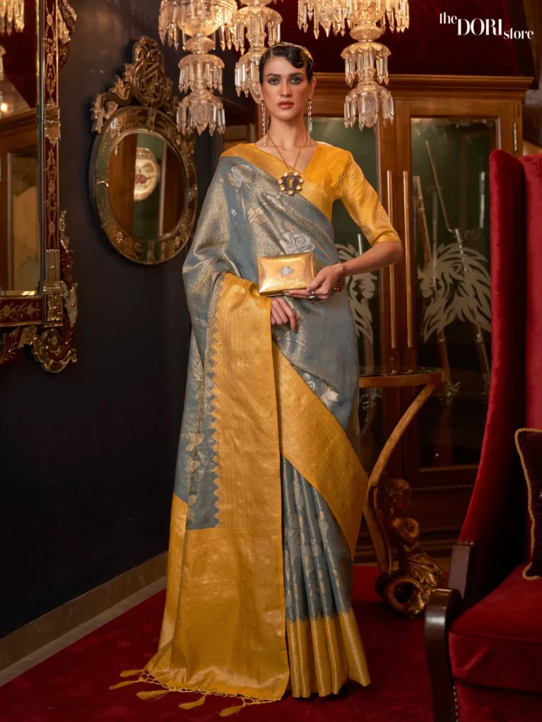 Yellowish Grey Soft Banarasi Handloom Silk Woven Saree - party wear saree