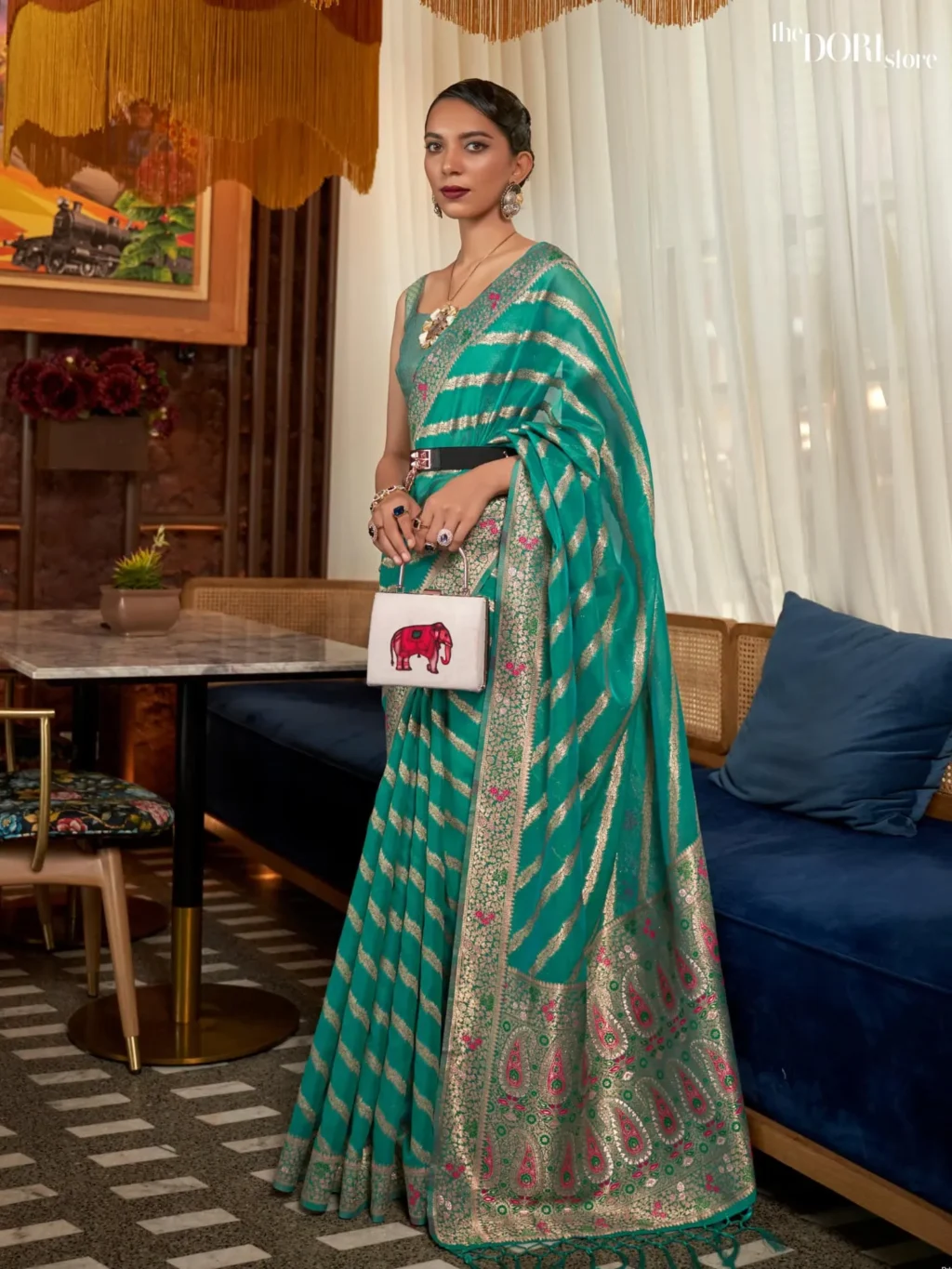 Ethnic Green Woven Organza Silk Saree - party wear saree