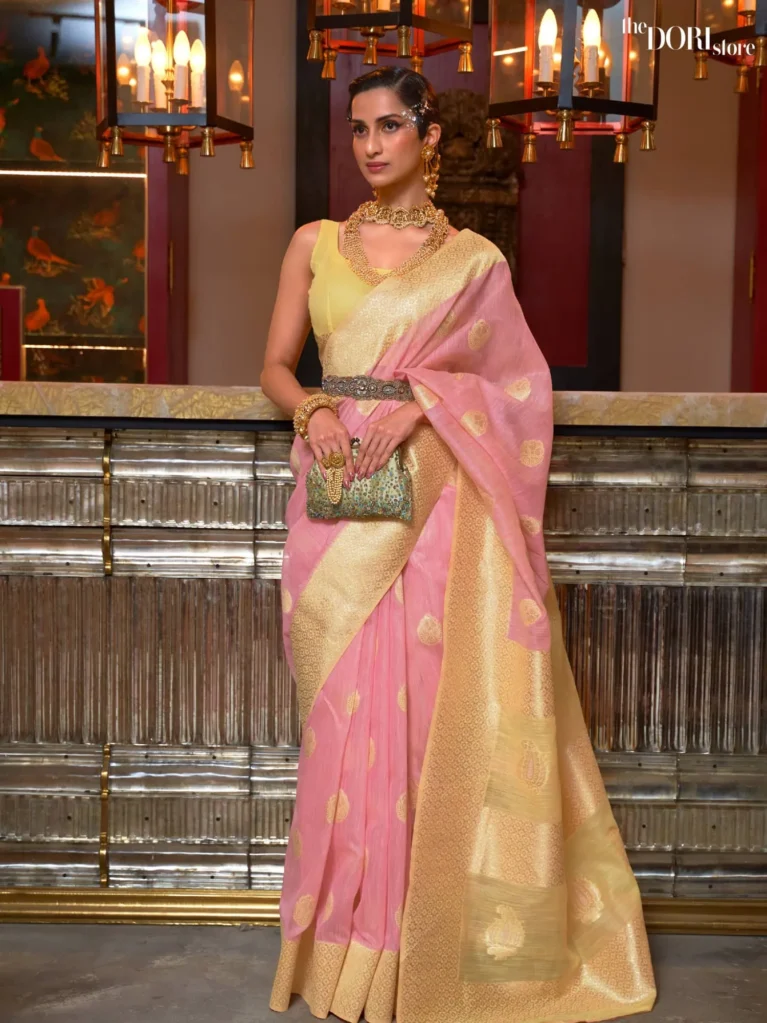 Yellowish Pink Pure Linen Woven Designer  Saree - party wear saree