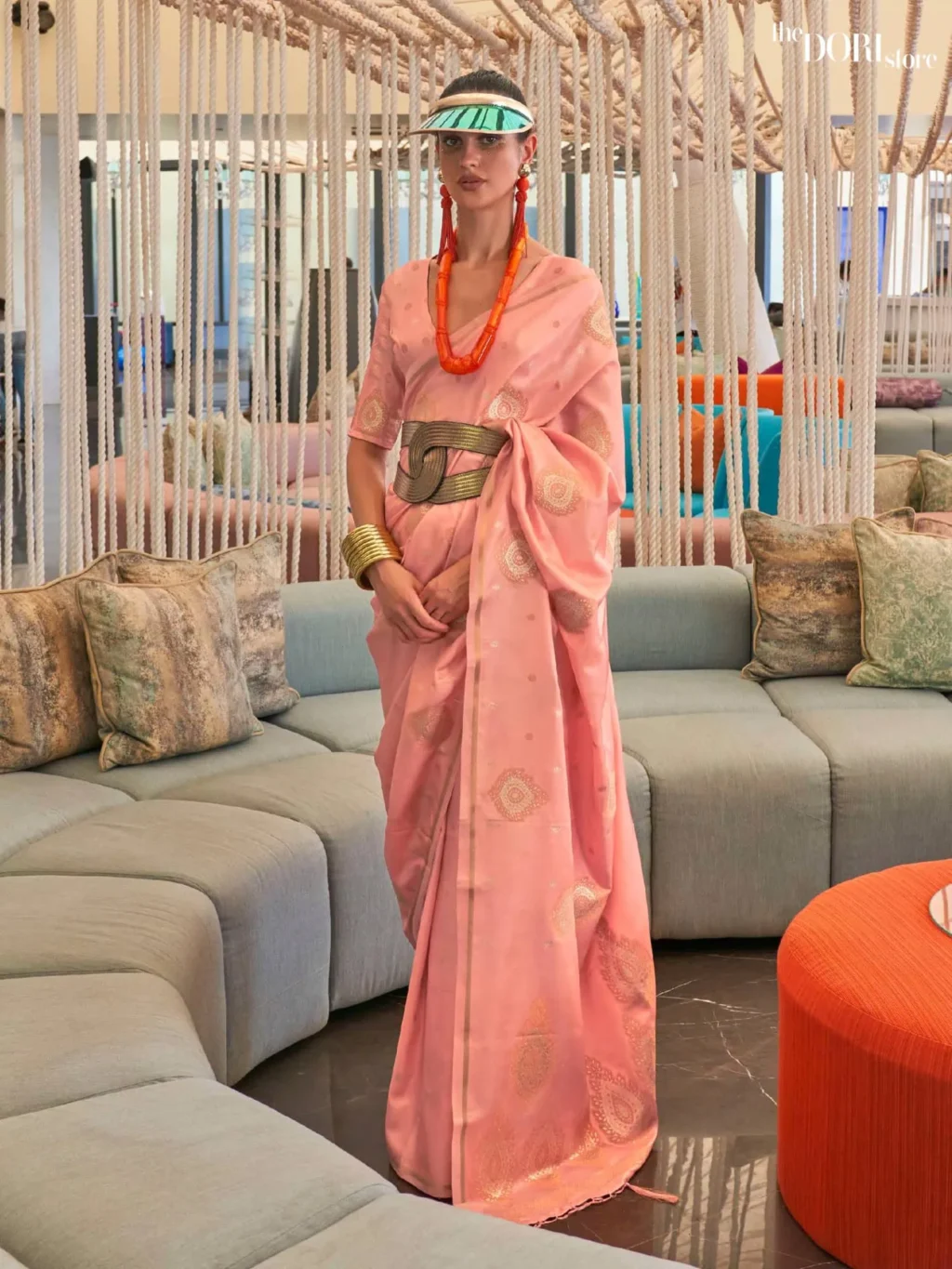 Peach Pink Pure Satin Copper Zari Weaving Saree - party wear saree