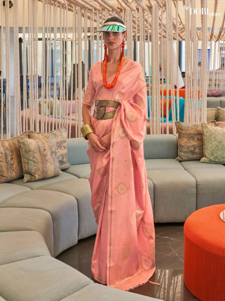 Peach Pink Pure Satin Copper Zari Weaving Saree - party wear saree