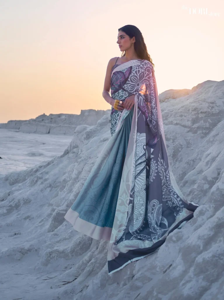 Irish Blue and Purple Digital Printed  Saree - party wear saree
