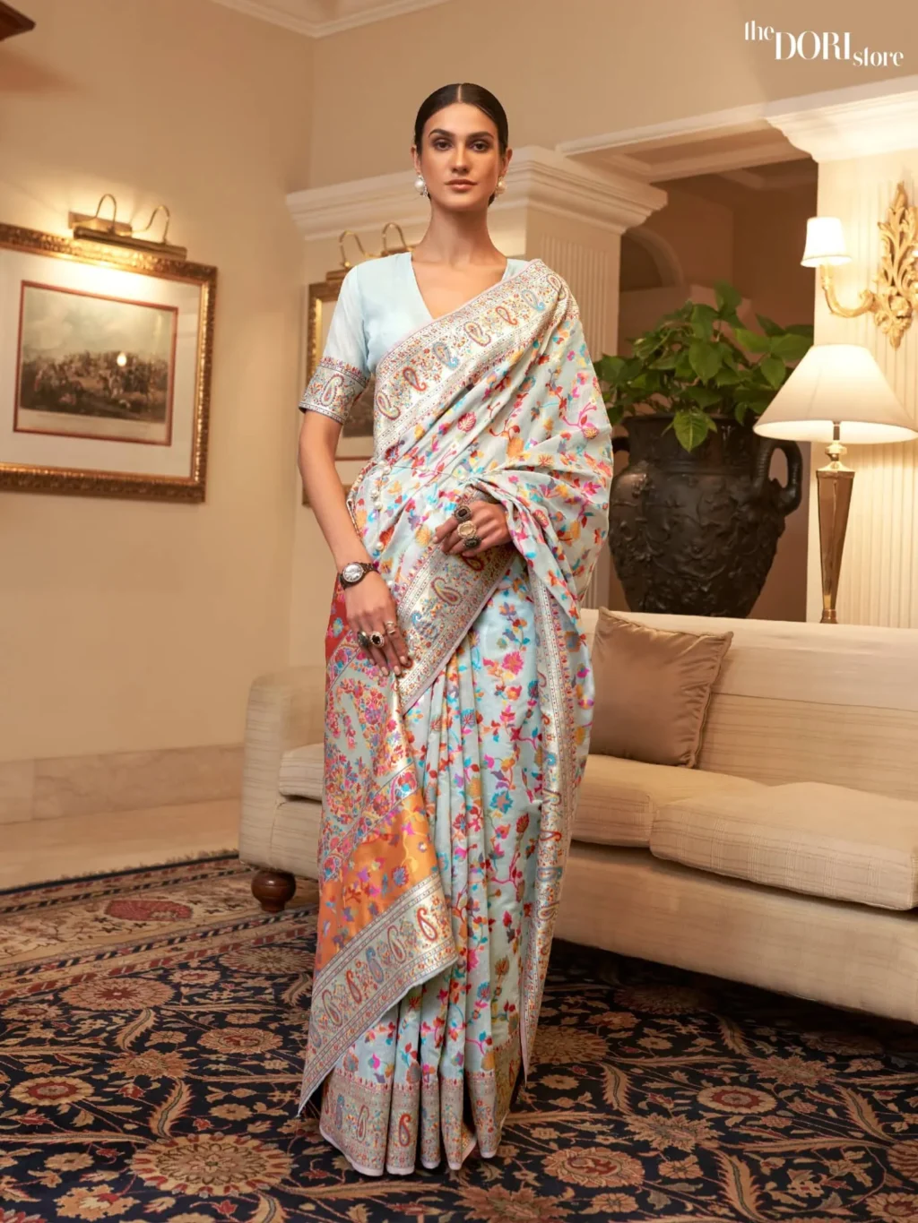 Water Blue Kashmiri Jamewar Silk Saree - party wear saree