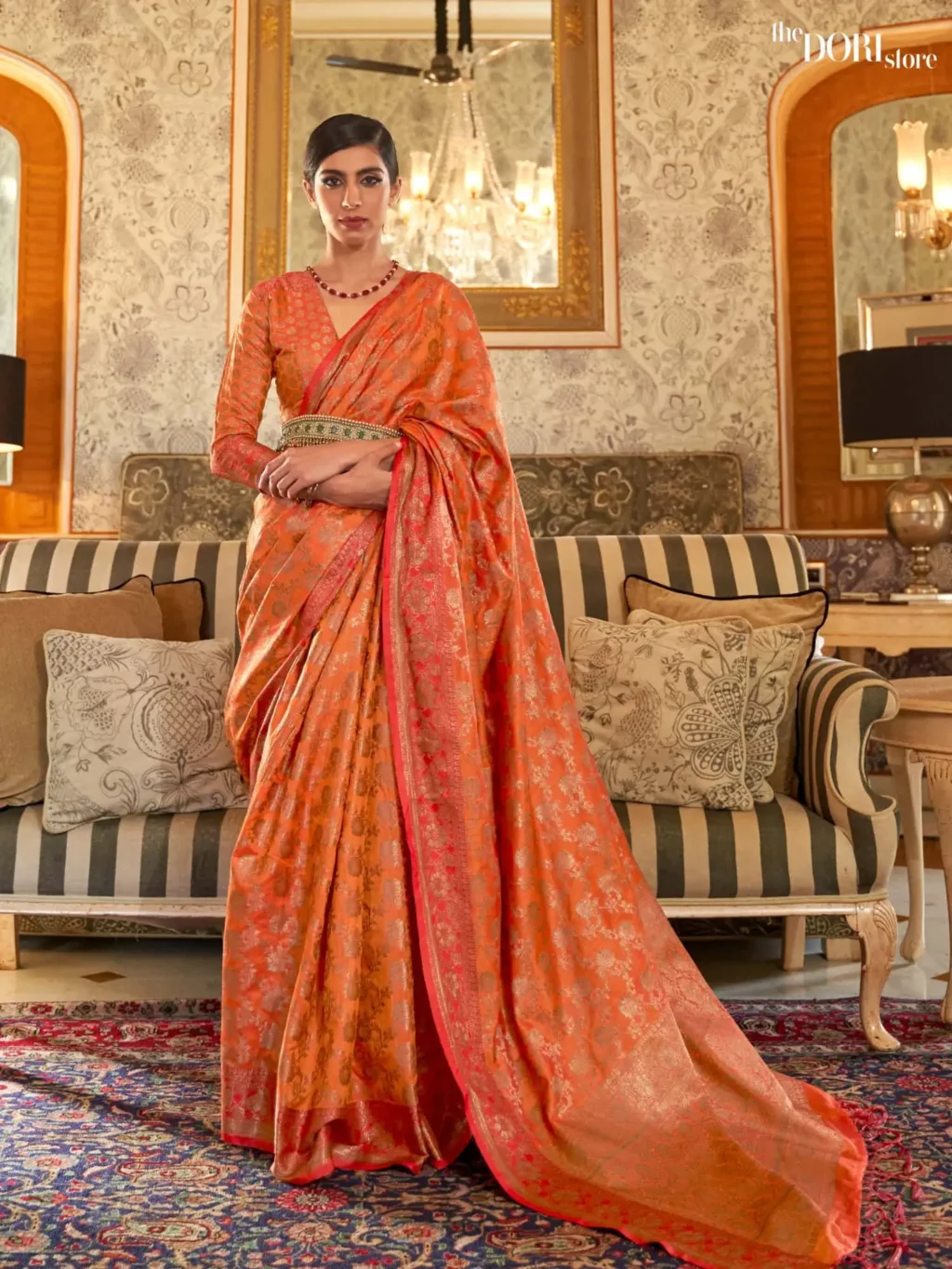 Zari Flame Orange Banarasi Silk Saree - party wear saree