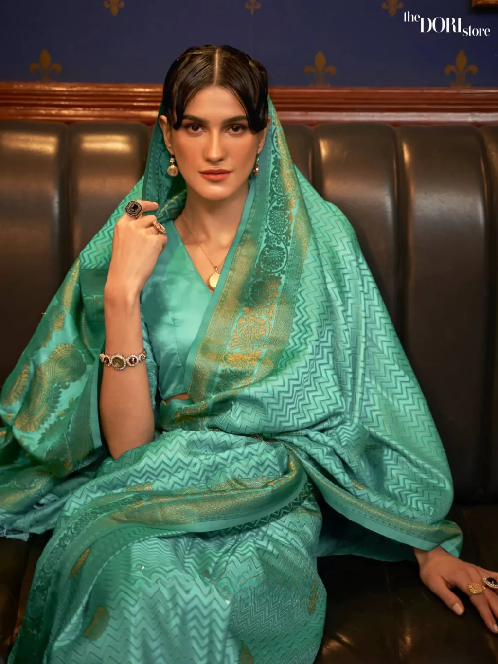 Mint Green Designer Satin Silk Woven Saree - Image 2