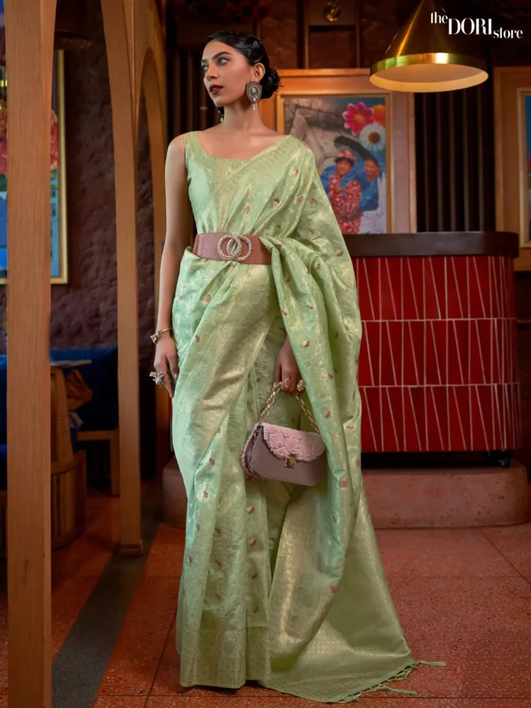Ethnic Light Green Banarasi Handloom Woven Silk Saree - party wear saree