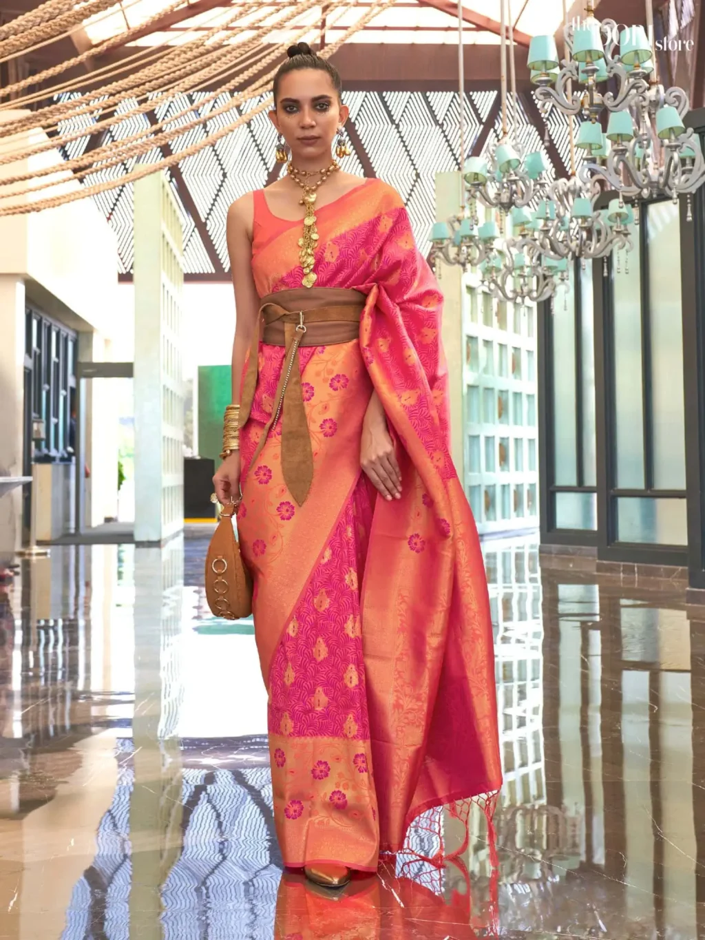 Orange Peach Pink Contrast Handloom Banarasi Silk Saree - party wear saree