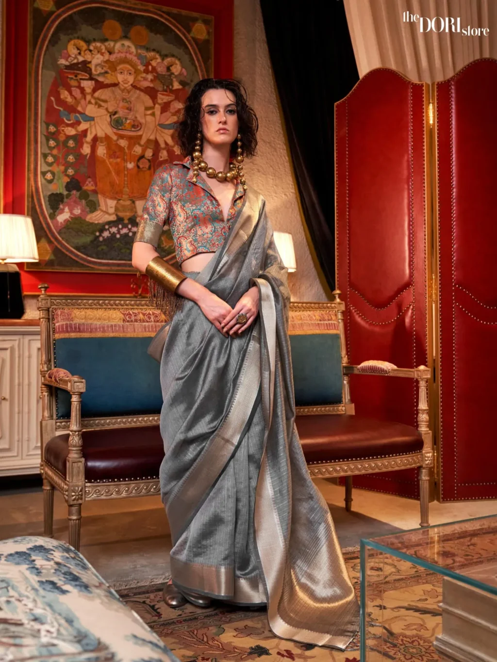 Steel Grey Moss Chiffon Silk Saree with Contrast Blouse  - party wear saree