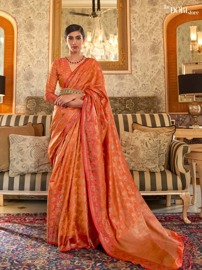 Zari Flame Orange Banarasi Silk Saree - party wear saree
