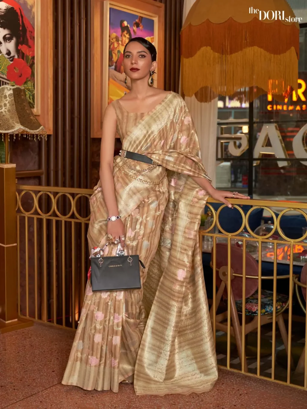 Ethnic Beige Golden Handloom Linen Saree - party wear saree
