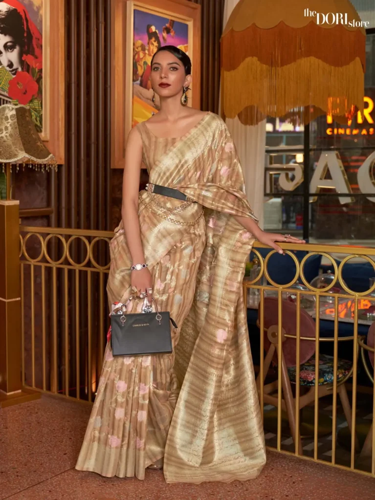 Ethnic Beige Golden Handloom Linen Saree - party wear saree