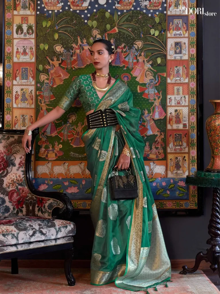 Ethnic Dark Green Partywear Organza Silk Saree - party wear saree