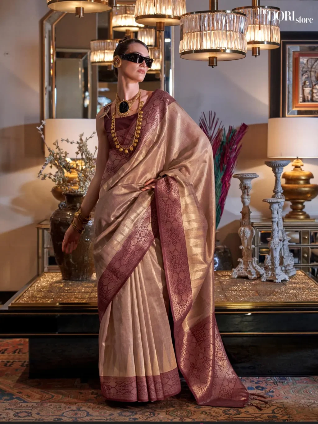 Ethnic Brown Zari Handloom Tissue Silk Saree - party wear saree