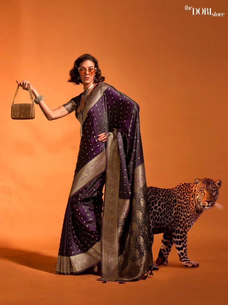 Deep Royal Purple Dual Tone Banarasi Satin Silk Sare - party wear saree