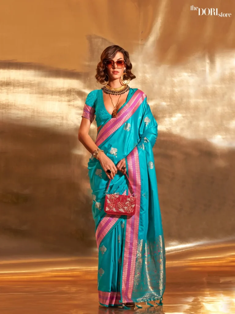 Bright Blue Woven Soft Banarasi Satin Silk Saree - party wear saree