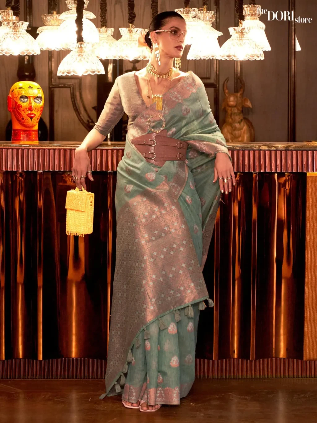 Ethnic Designer Green Pure Linen Copper Zari Woven Saree - party wear saree