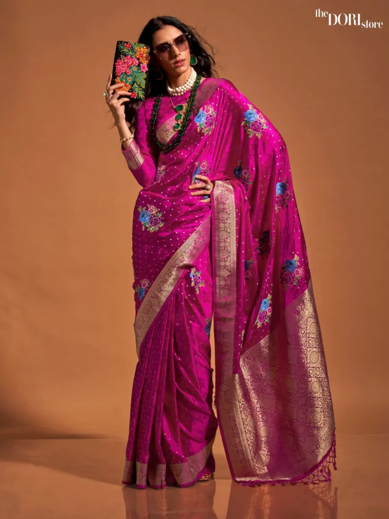 Magenta Pink Partywear Handloom Satin Silk Saree - party wear saree