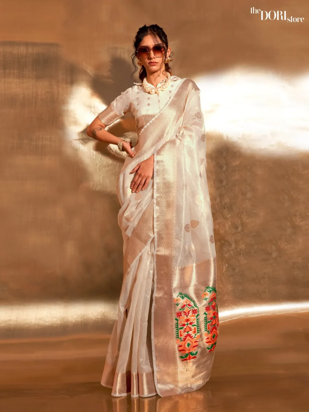 Korra Classic White Zari Banarasi Paithani Silk Saree - party wear saree