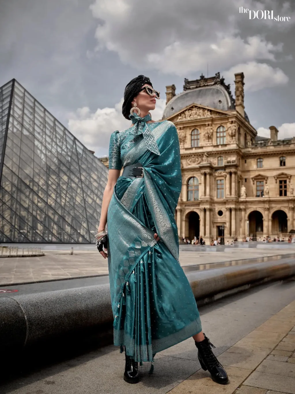 Teal Blue Pure Satin Nylon Handloom Woven Silk Saree - party wear saree