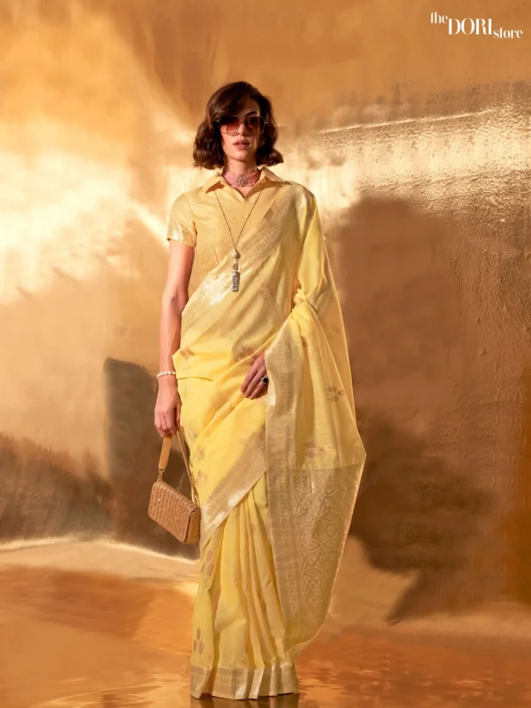 Lime Yellow Festive Woven Linen saree Saree - party wear saree